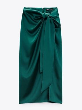 ZARA NWT Green Satin Knot Midi Skirt Faux Wrap Size M